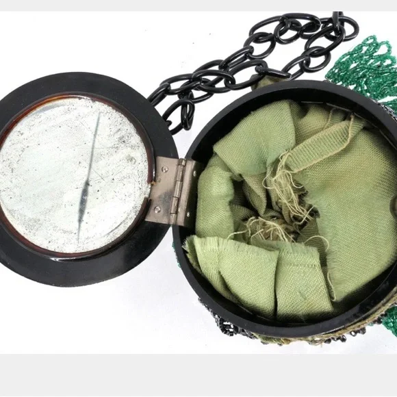Antique Circa 1920's Art Deco Beaded Green Dance Bag Purse w/ Bakelite Top